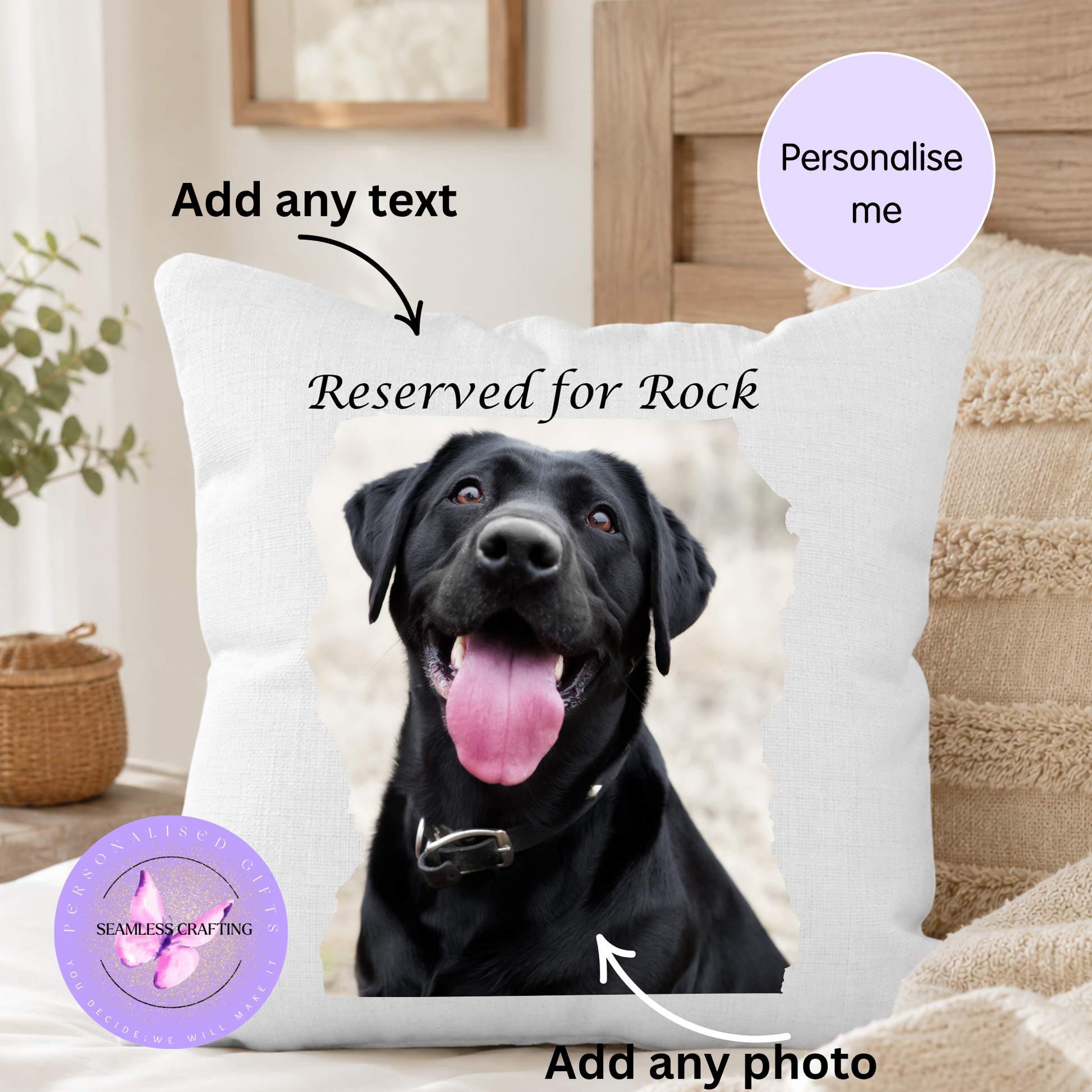 ersonalised pet photo cushion with dog picture and custom name on white linen style cover