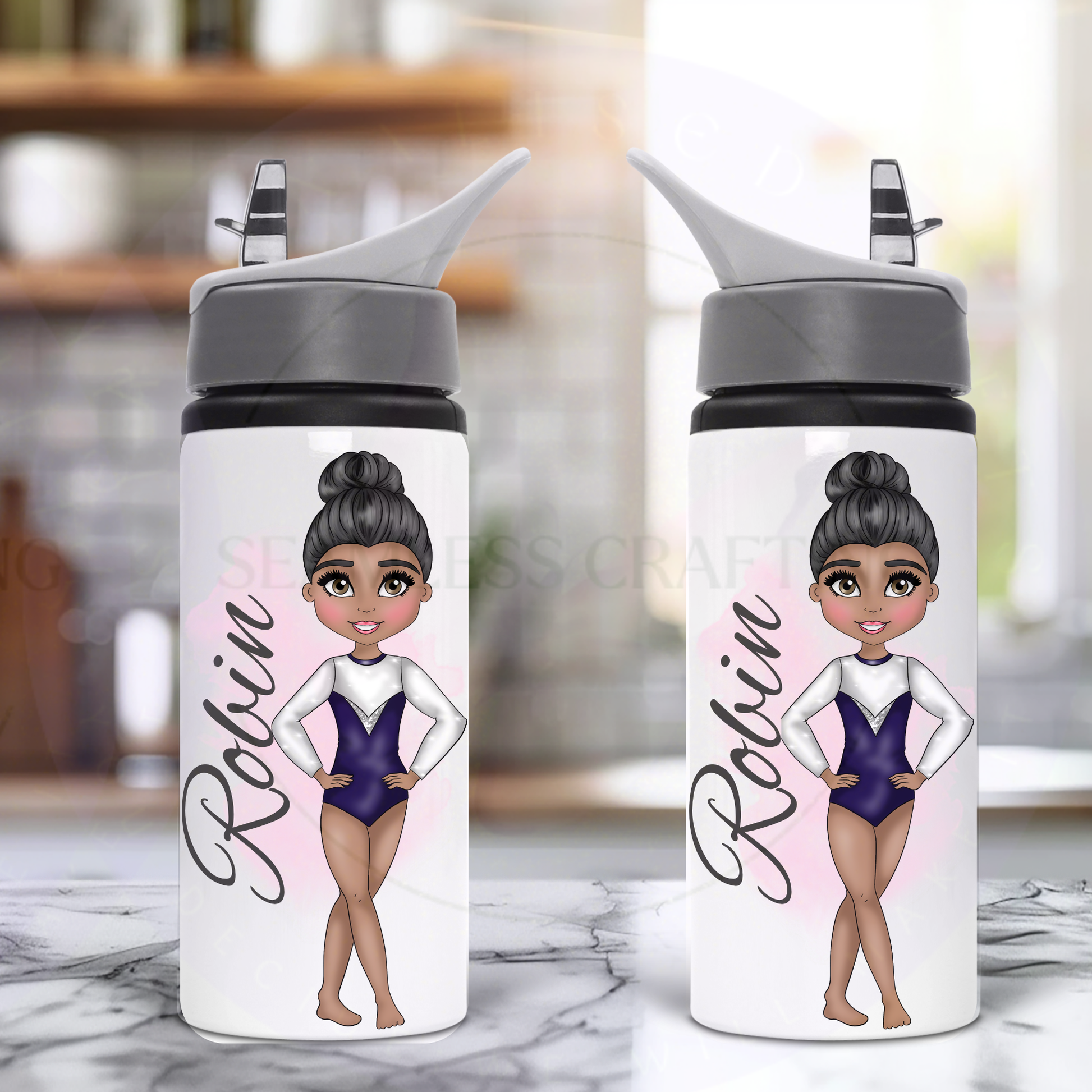 Personalised flip-top gymnastics water bottle with Robin and a purple silver competition leotard