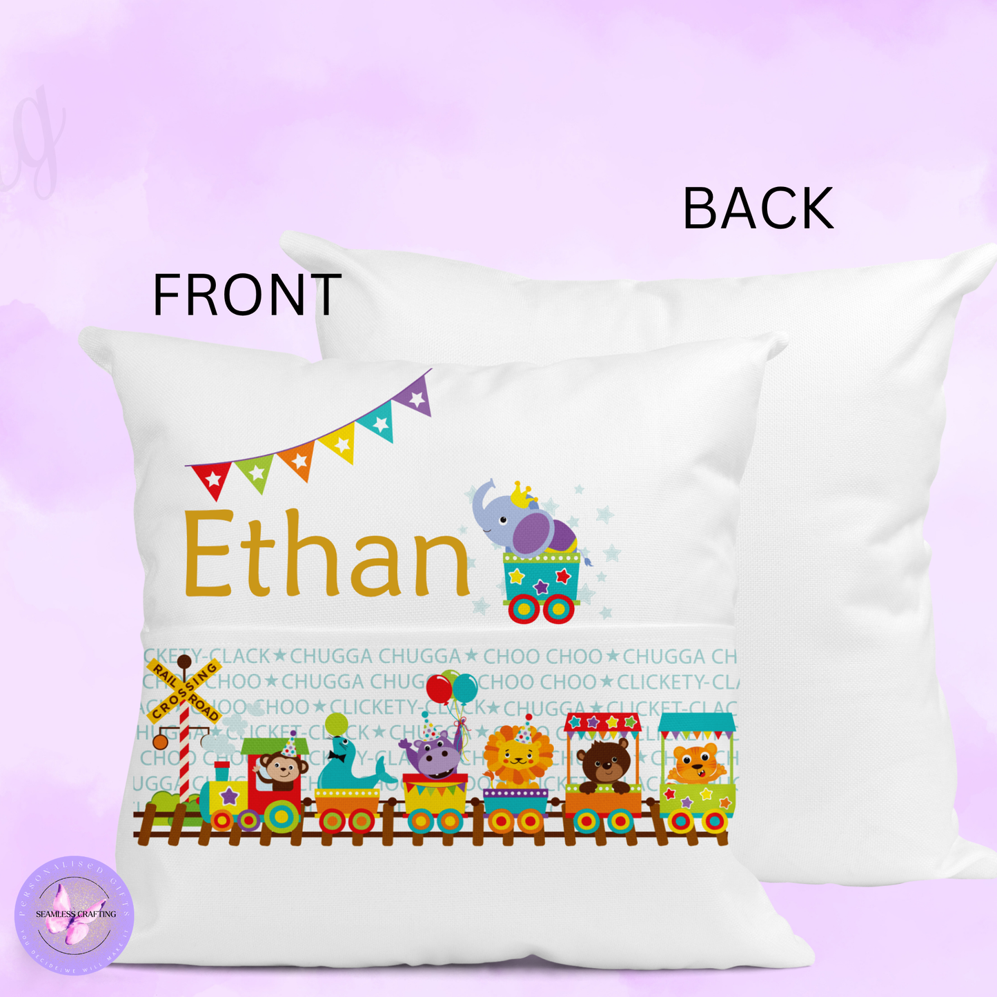 Personalised Animal Train Reading Cushion – Custom Name Book Pocket Pillow | Jungle Safari Kids Gift (40cm)
