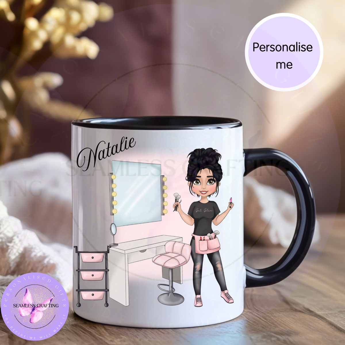 Personalised black handle mug with make up character, vanity table and custom name