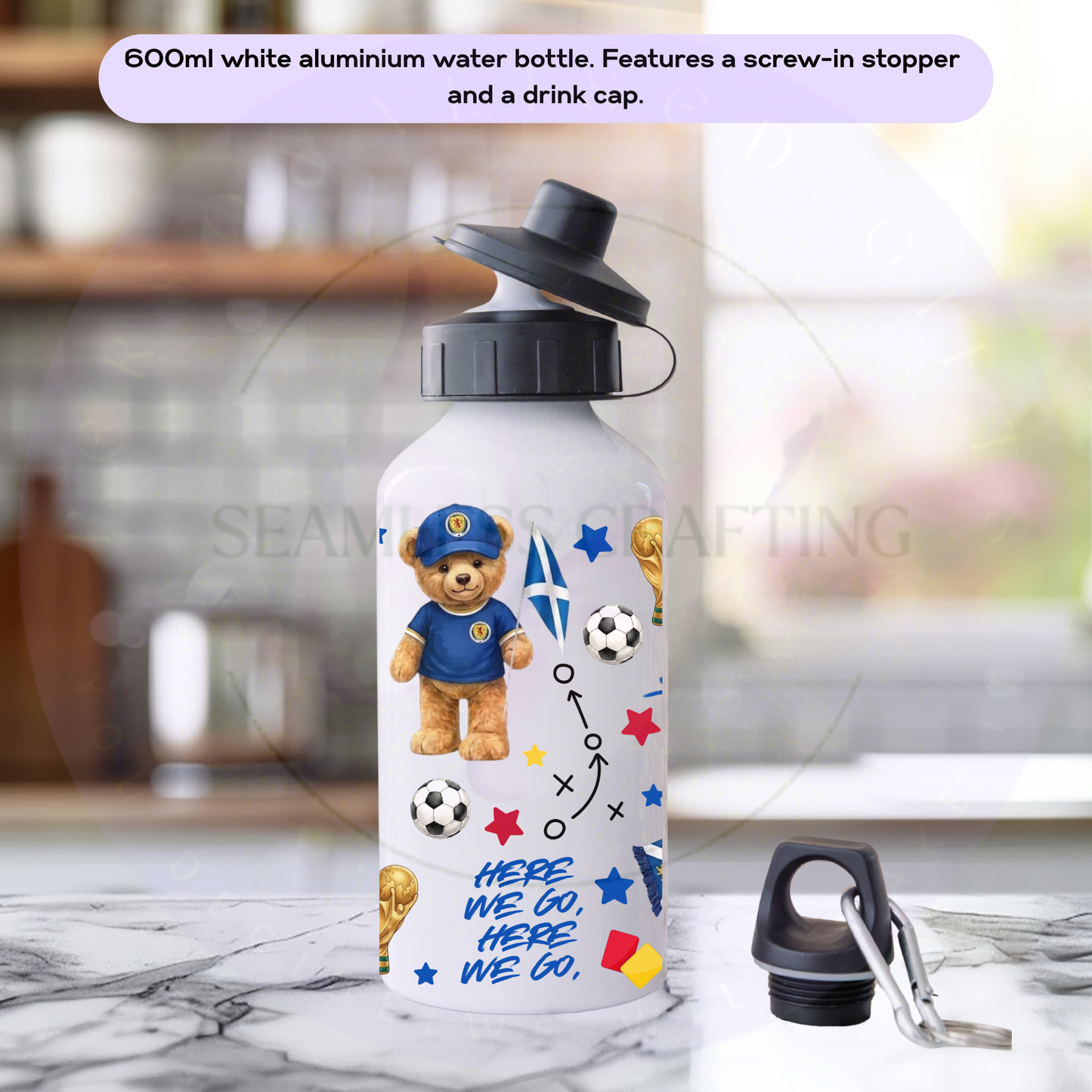 White aluminium Scotland themed children’s bottle with personalised name and sports design