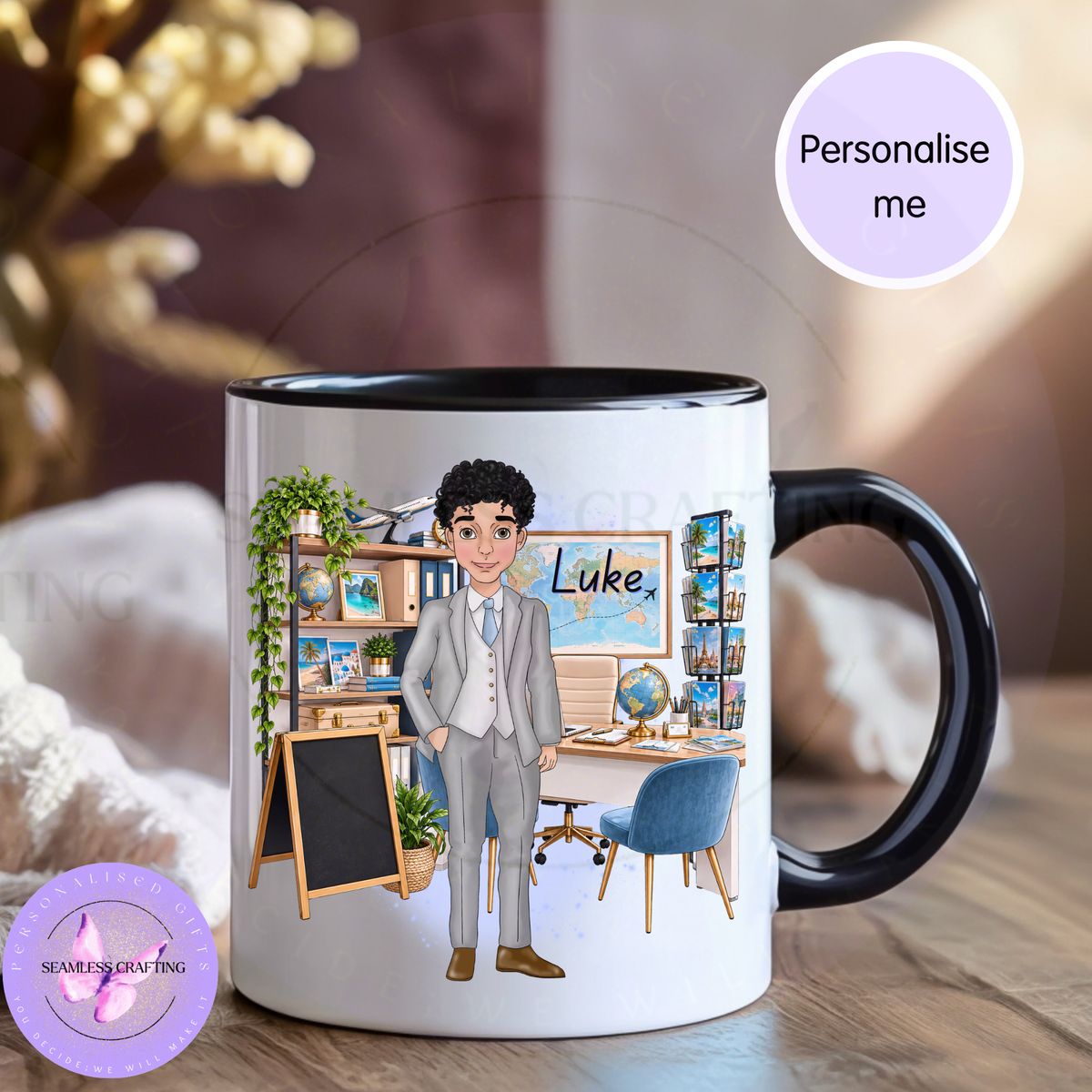 Personalised black handle travel agent mug with curly-haired male character and travel agency design