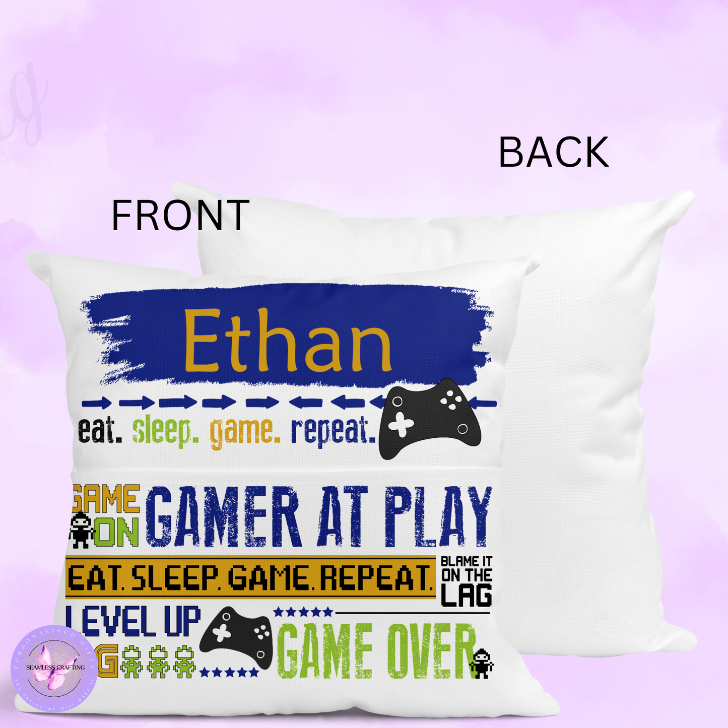 Personalised Gamer Reading Cushion – Custom Name Gaming Pillow with Book Pocket | Boys Gaming Room Gift (40cm)