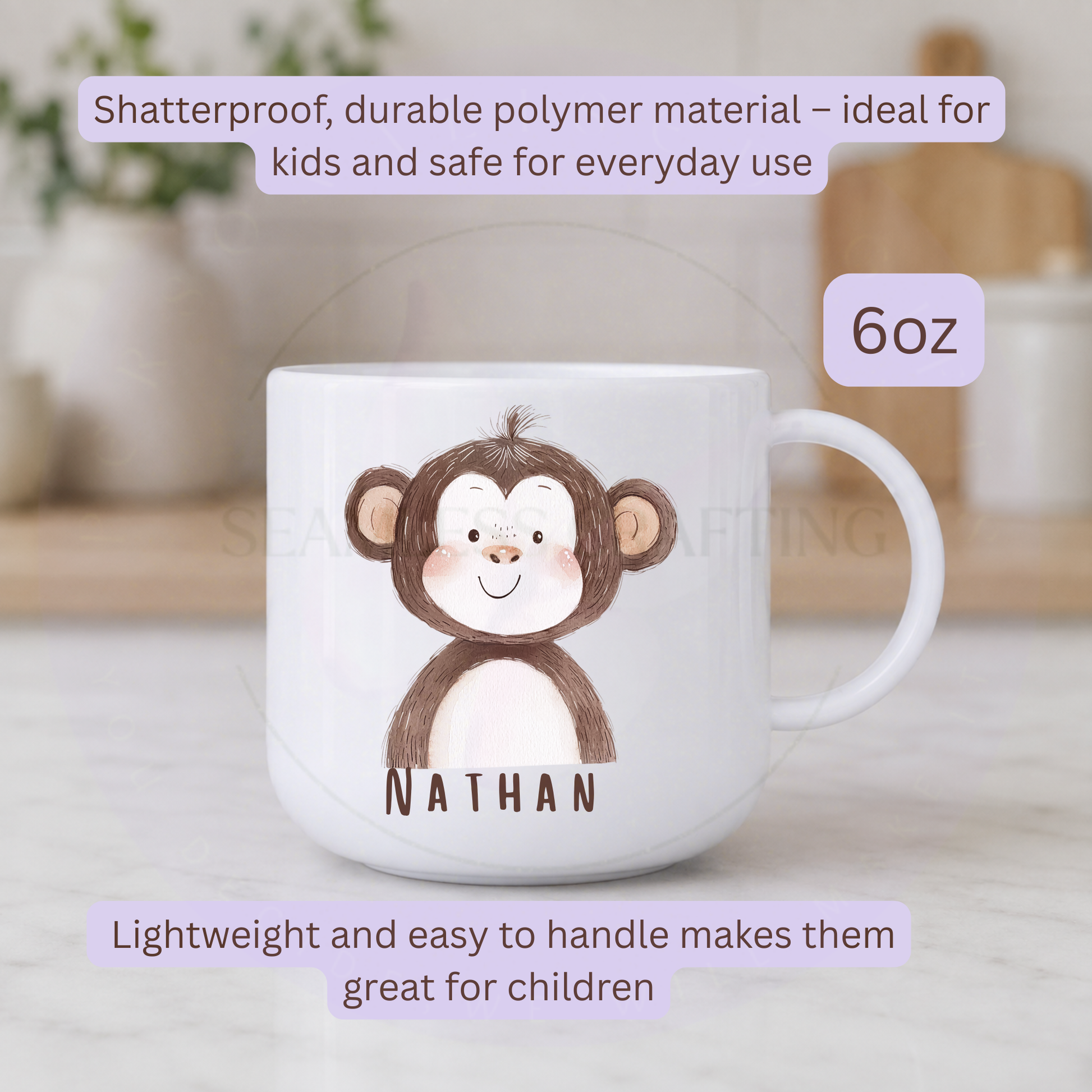 Personalised 6oz unbreakable polymer kids mug with monkey and name Nathan