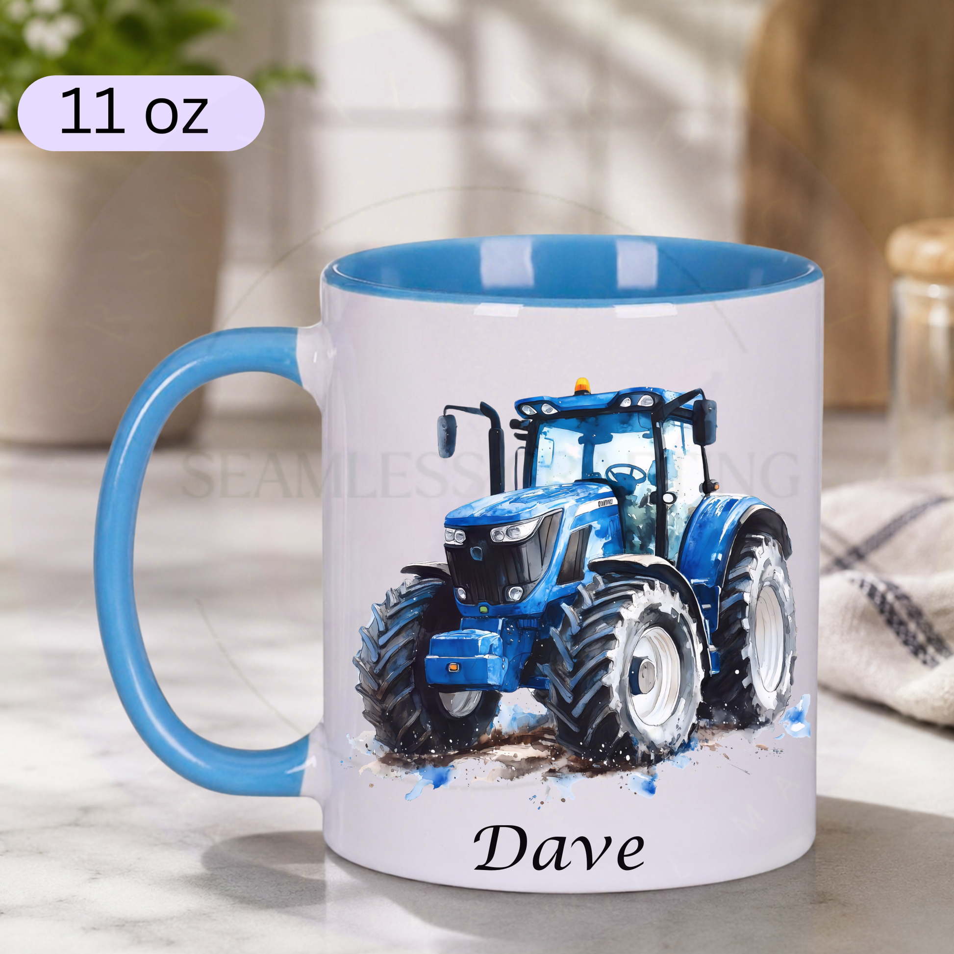 Personalised blue handle ceramic mug with blue tractor design and custom name Dave