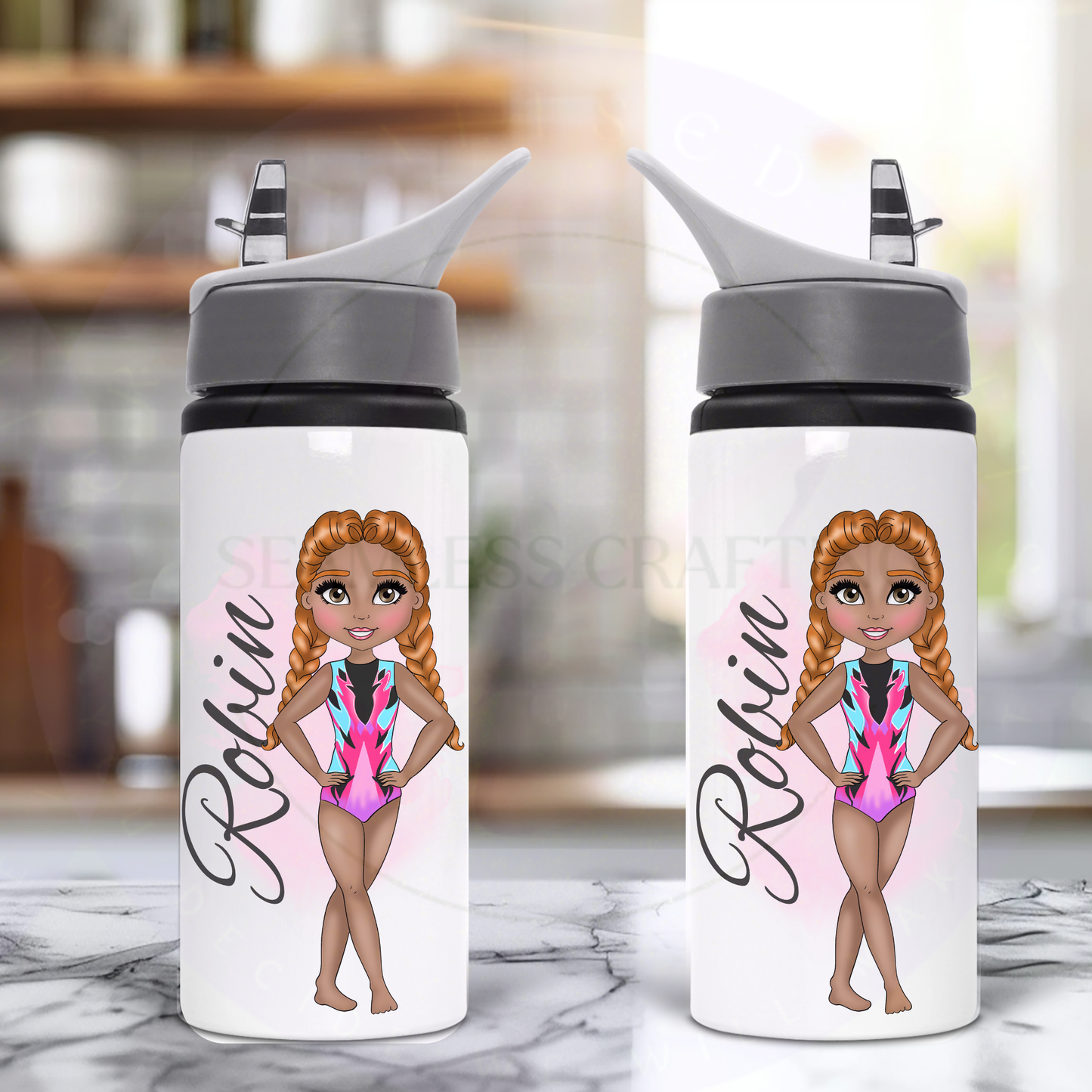 Two personalised gymnast water bottles showing an orange-haired character in a pink aqua leotard