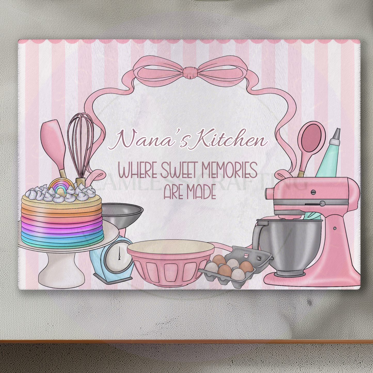 Close up personalised glass worktop saver smooth surface pink baking design custom kitchen counter protector