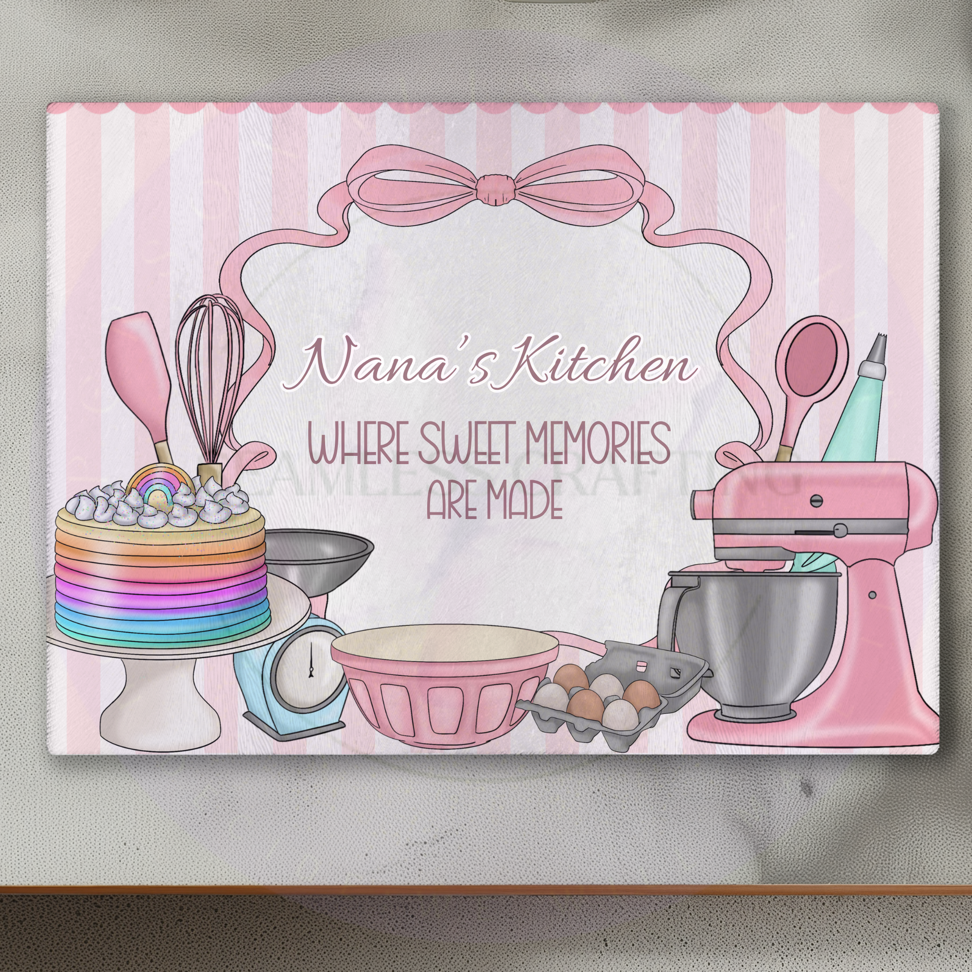 Close up personalised glass worktop saver smooth surface pink baking design custom kitchen counter protector