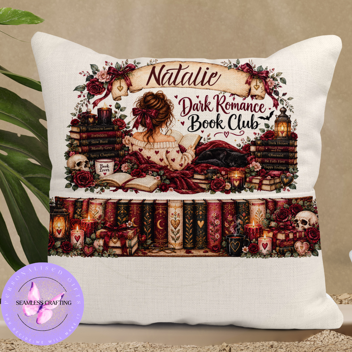  Dark Romance Book Club personalised reading cushion with books roses and candles