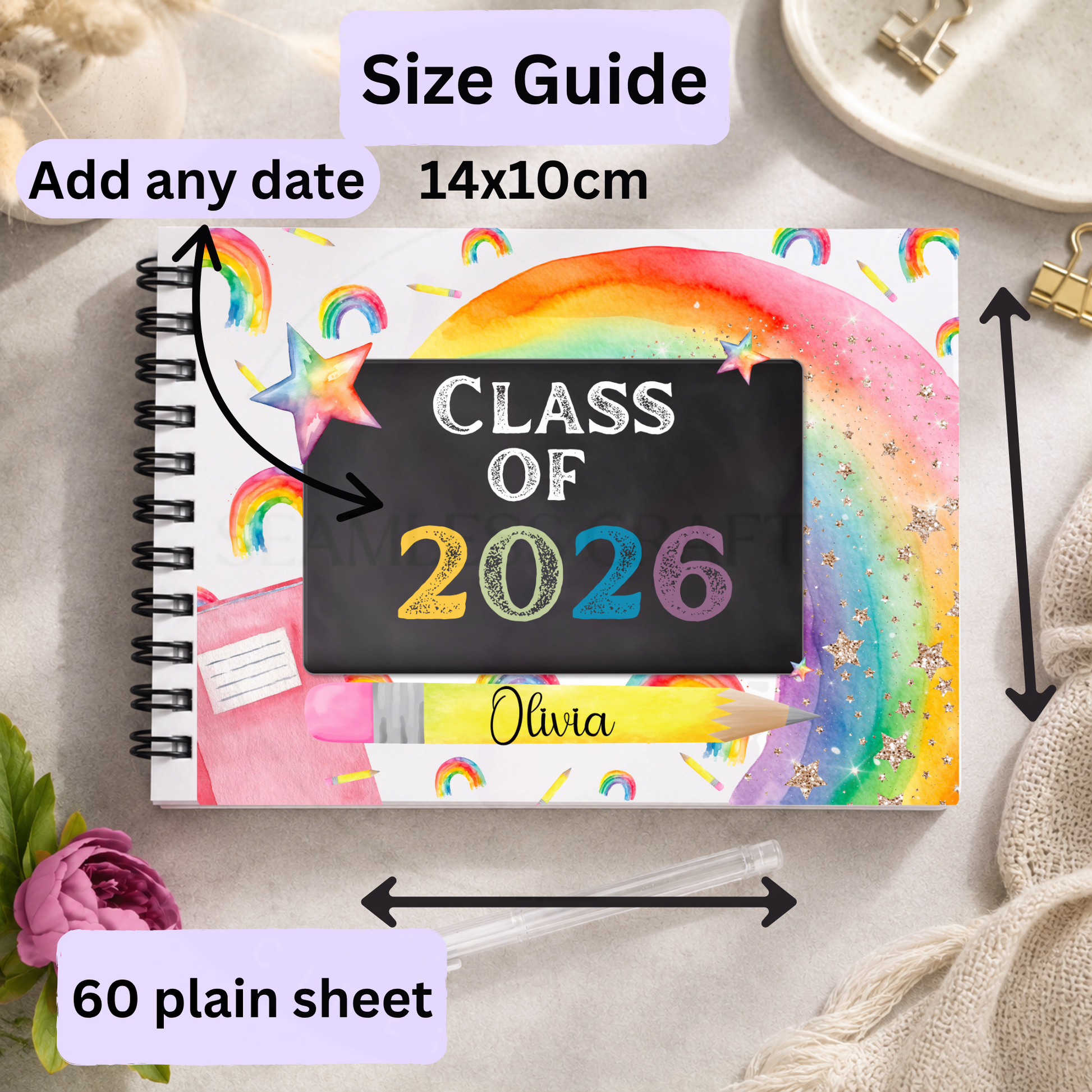 Size guide for personalised Class of 2026 rainbow leavers notebook showing 14x10cm and 60 plain sheets