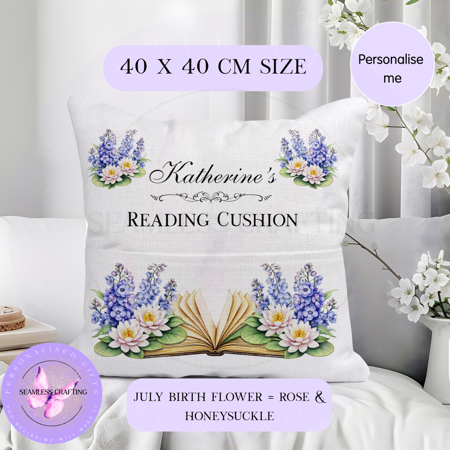 July birth flower reading cushion on sofa – custom name, book pocket, linen cover