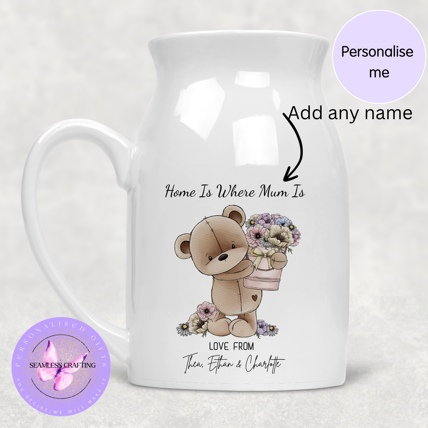 Personalised Mum Ceramic Jug – Home Is Where Mum Is Vase – Custom Mother’s Day Gift from Kids – Teddy Flower Design