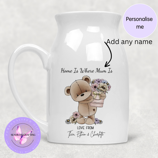 Personalised Mum Ceramic Jug – Home Is Where Mum Is Vase – Custom Mother’s Day Gift from Kids – Teddy Flower Design