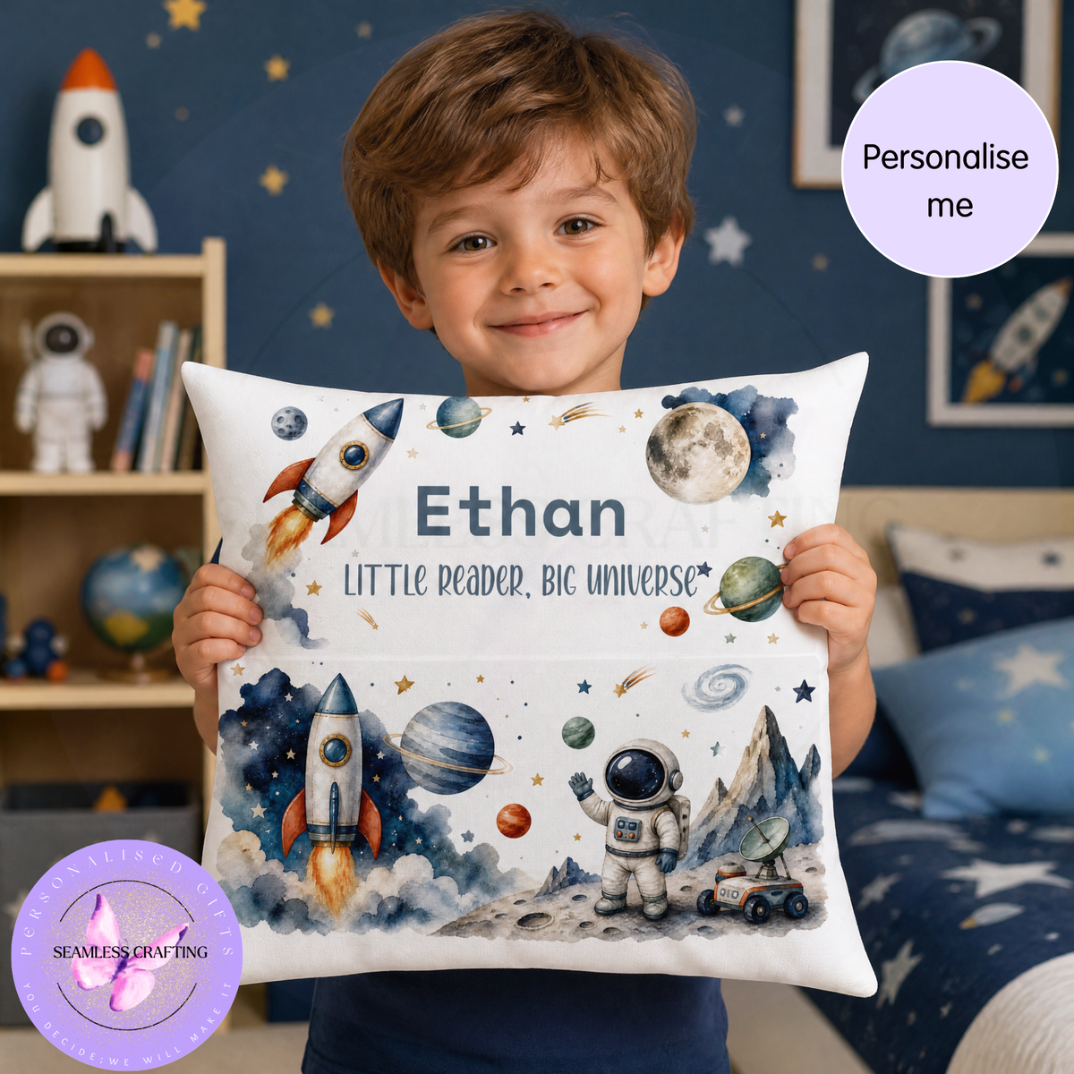 Child holding personalised space reading cushion with rocket astronaut and book pocket