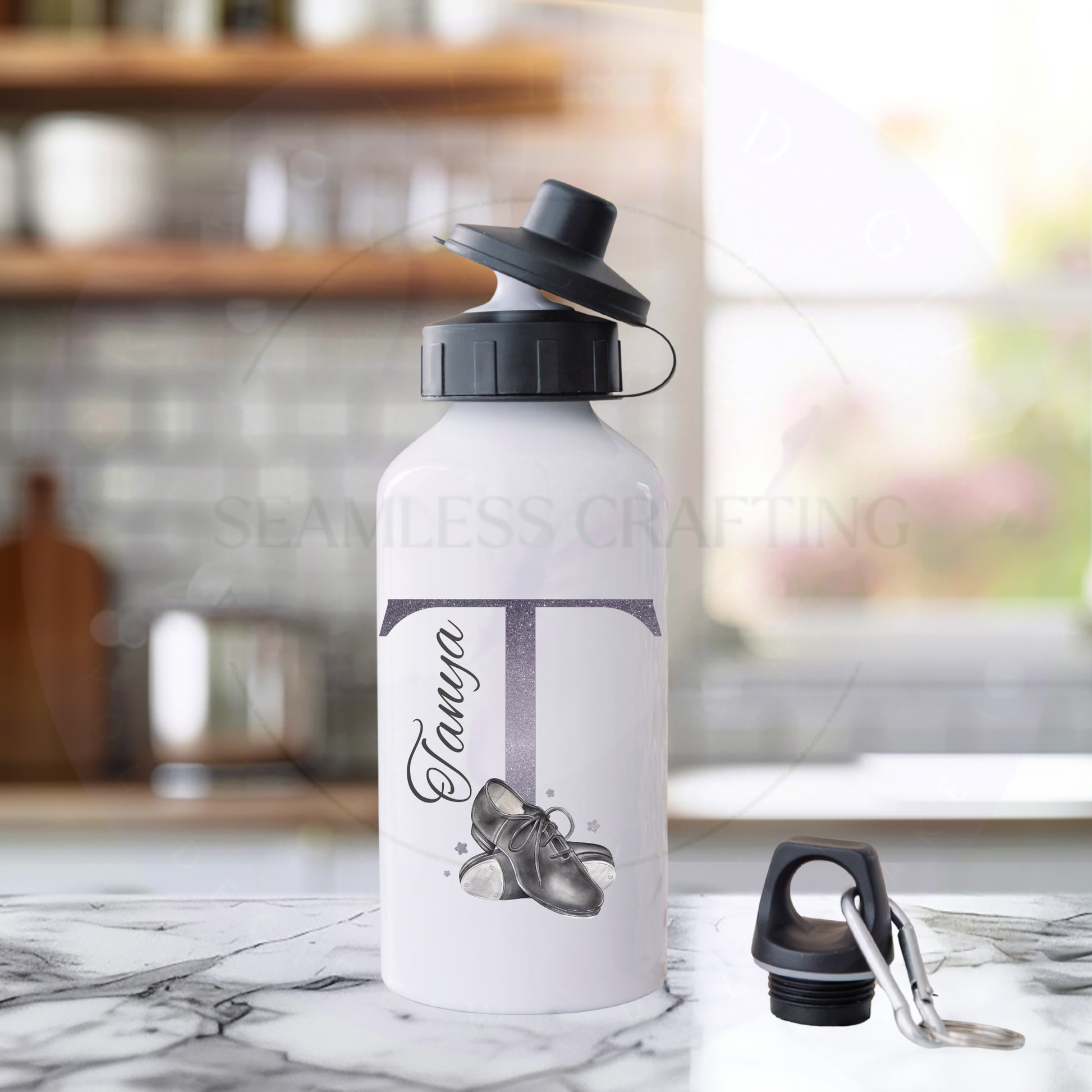 Personalised tap shoes bottle with name Tanya and large initial T