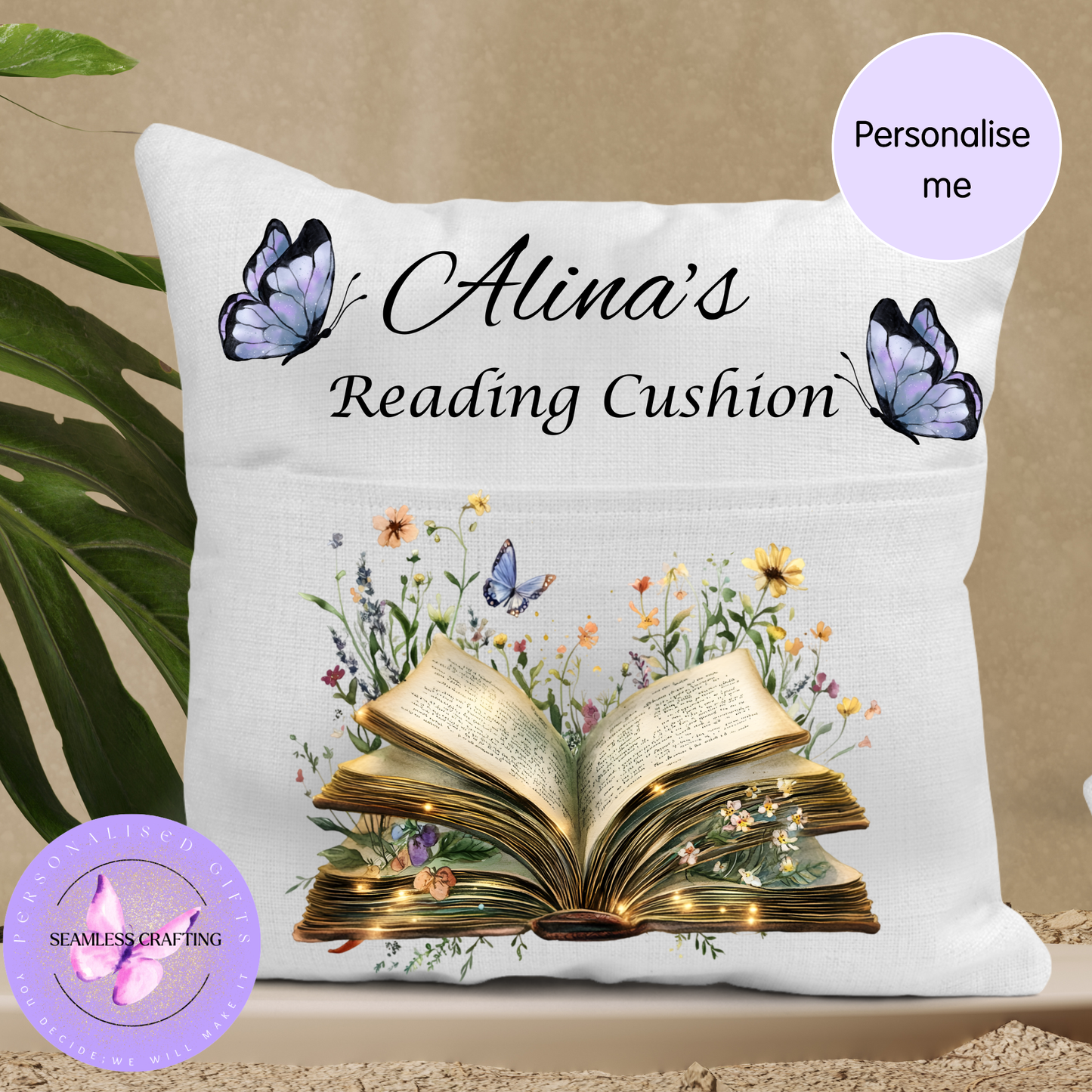 Personalised Butterfly Reading Cushion with Pocket – Book Lover Gift, Linen Canvas Cushion for Readers, Custom Name Book & Butterfly Decor