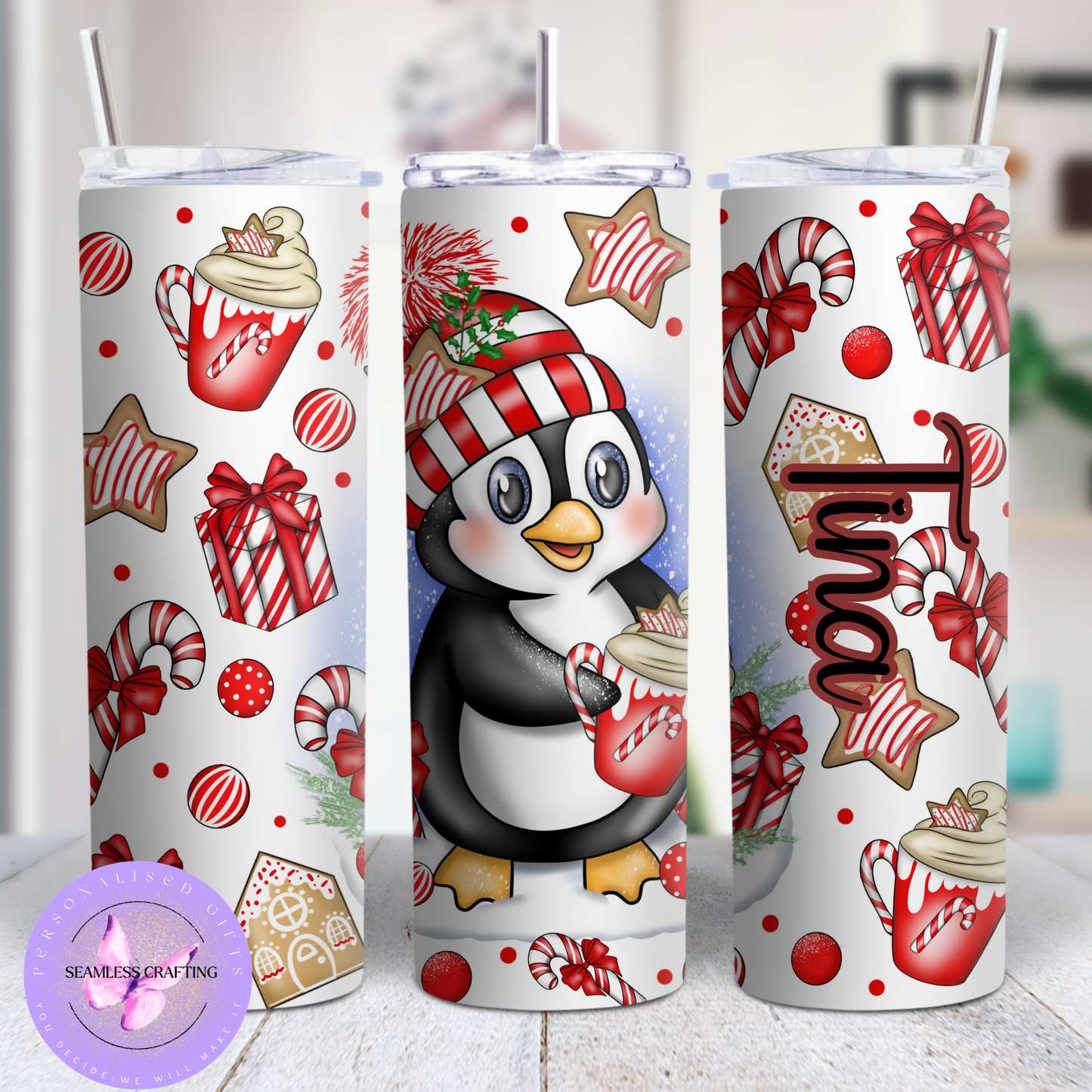 Personalised Christmas Penguin Tumbler & Mug | Custom Name | 20oz Skinny Tumbler & 11oz Mug | Cute Winter Holiday Gift | Hot & Cold Drinks