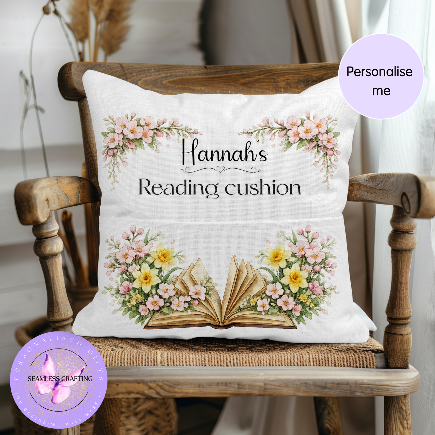 Personalised Birth Flower Reading Cushion with Pocket – Custom Name Book Pillow, Birth Month Flower Gift, Book Lover Cushion for Kids or Adults