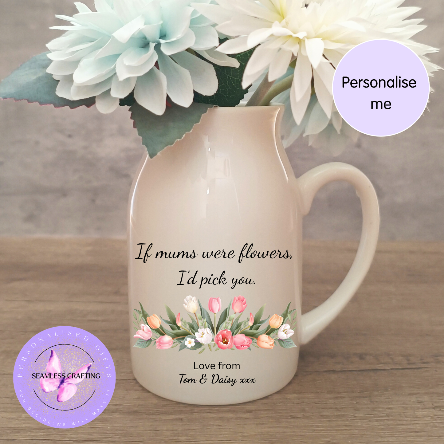 Personalised Flower Jug Gift for Mum | Custom Mother’s Day Jug Vase | “If Mums Were Flowers I’d Pick You” | Personalised Ceramic Jug with Names UK