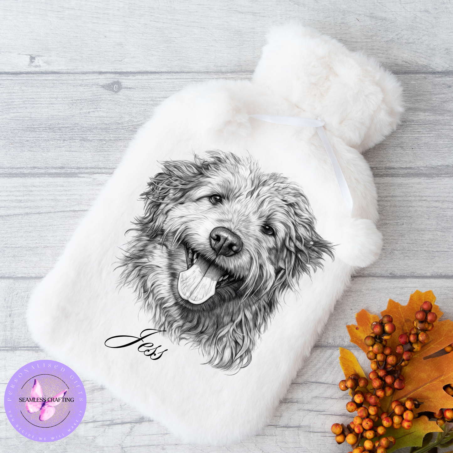 Personalised Sketch Animals Faux Fur Hot Water Bottle – Custom Name Gift | 2L | Highland Cow, Bunny, Dog, Cat