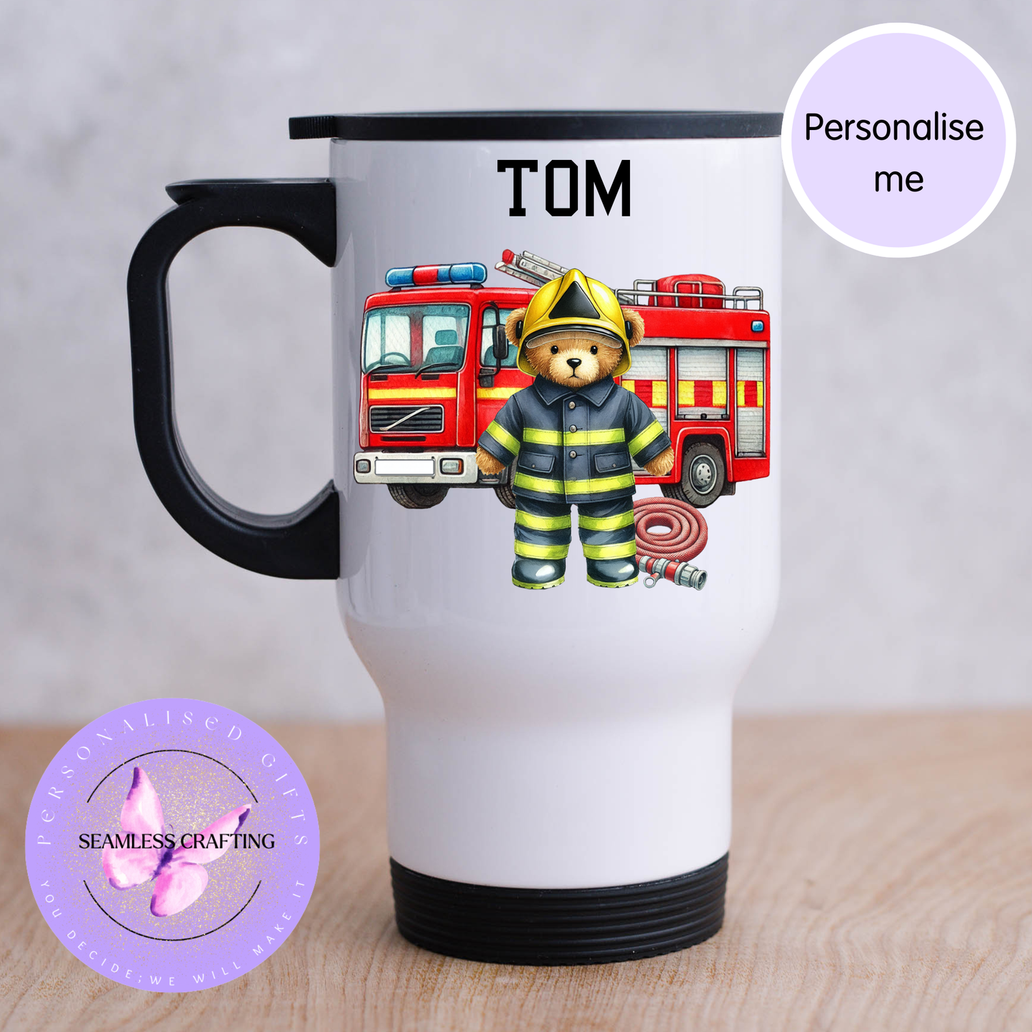 Personalised firefighter bear mug with custom name