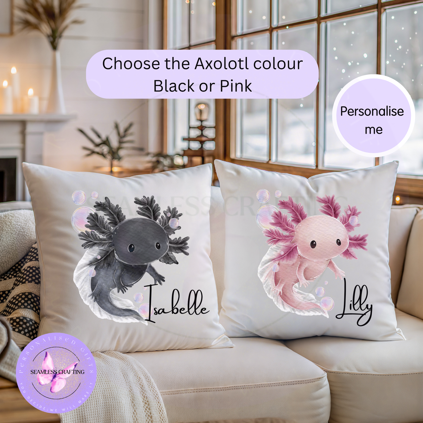 Personalised pink axolotl cushion with the name Lilly on a white pillow styled on a bed