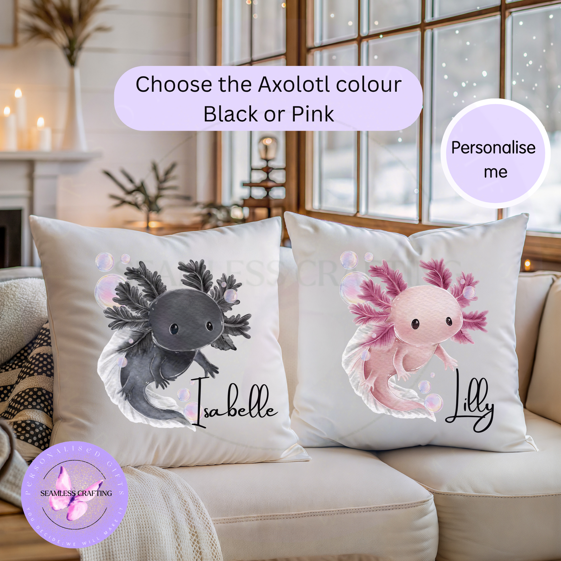 Personalised pink axolotl cushion with the name Lilly on a white pillow styled on a bed