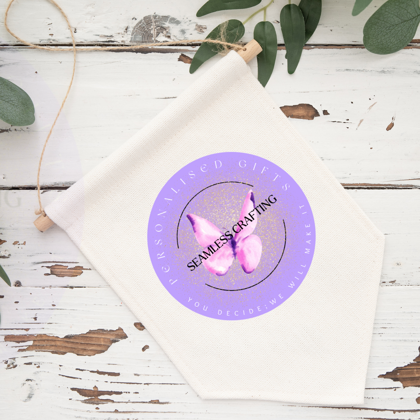 Custom business logo linen pennant banner hanging in classroom style setting