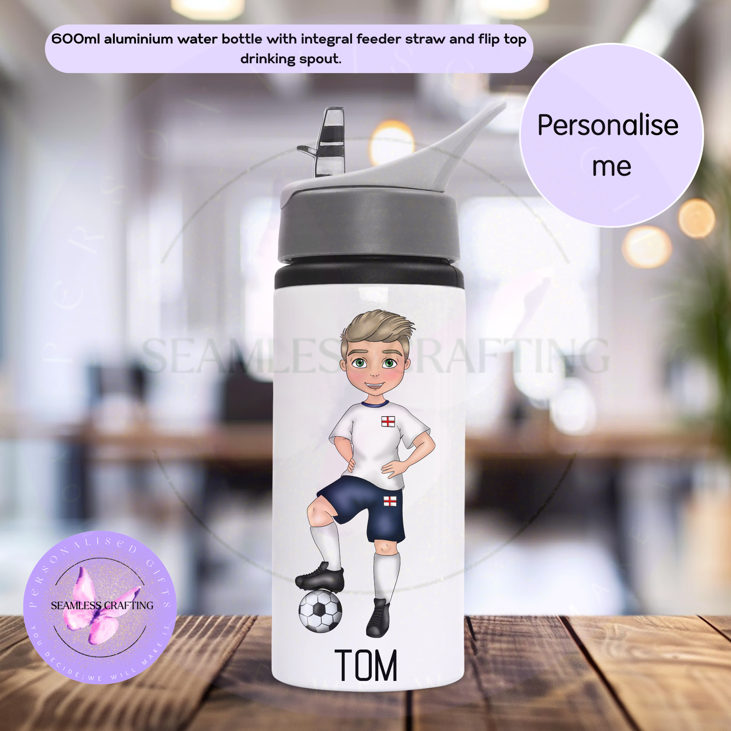 Personalised England Football Boy Water Bottle – Custom Name Kids Sports Bottle 600ml