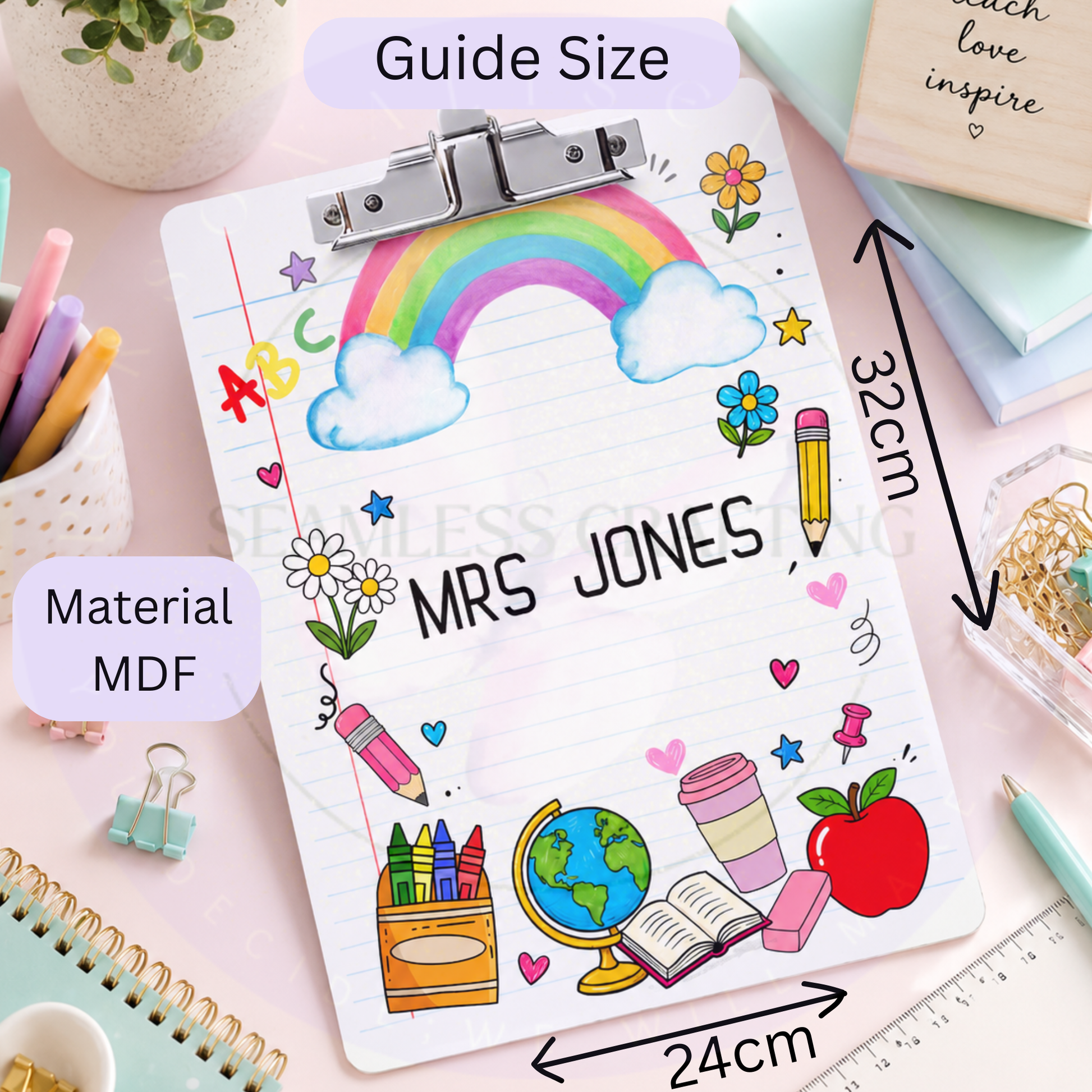 Custom MDF teacher clipboard with name and metal clip