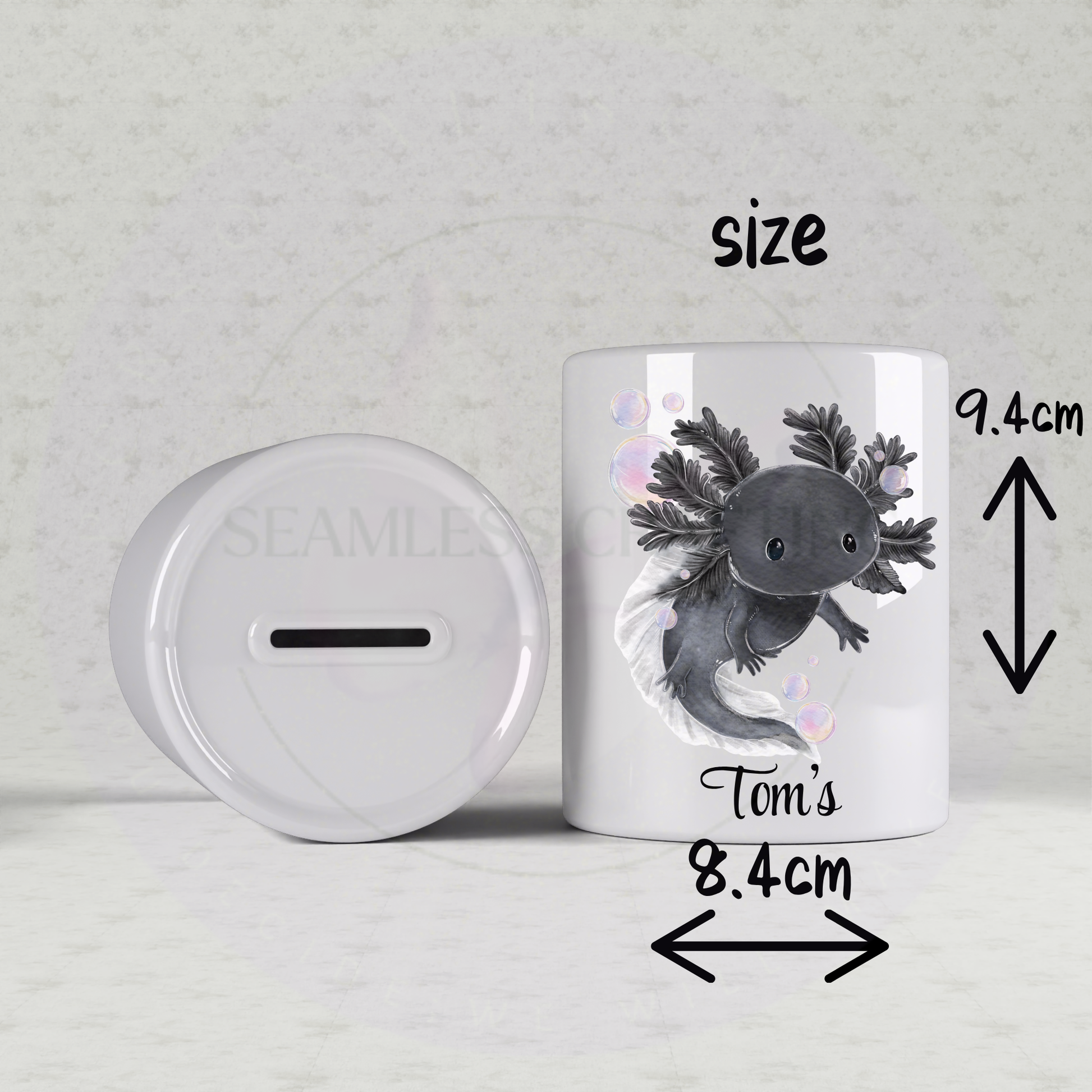 Personalised children’s savings bank with axolotl design