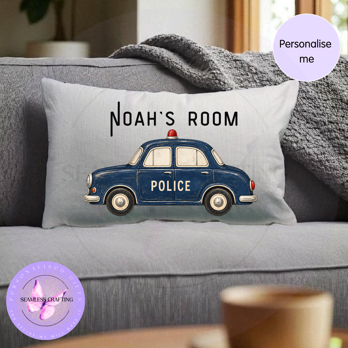 Personalised police car cushion showing Noah's Room vintage vehicle design