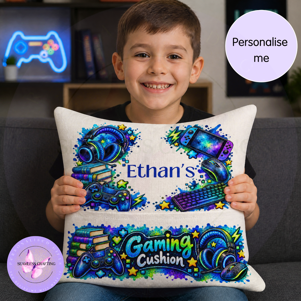 Personalised gaming reading cushion with name, controller, headset and book pocket