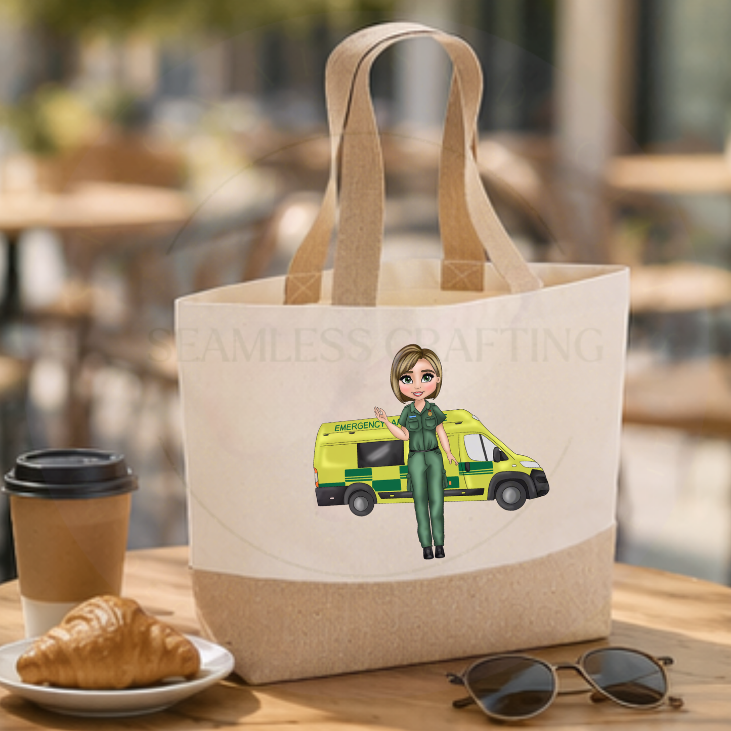 personalised paramedic tote bag with ambulance design custom jute bag coffee shop lifestyle setting