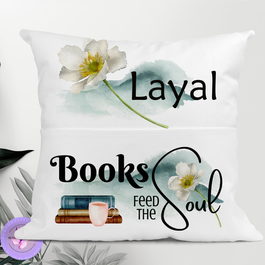 Personalised “Books Feed the Soul” cushion with name and floral design, book pocket pillow