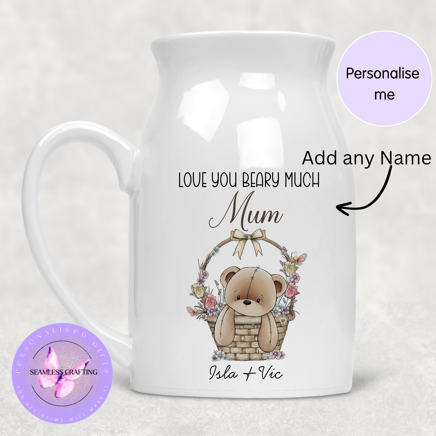 Personalised Flower Jug Vase – Custom Name Gift, Love You Beary Much Teddy Floral Jug, Gift for Mum Nana Sister Friend UK