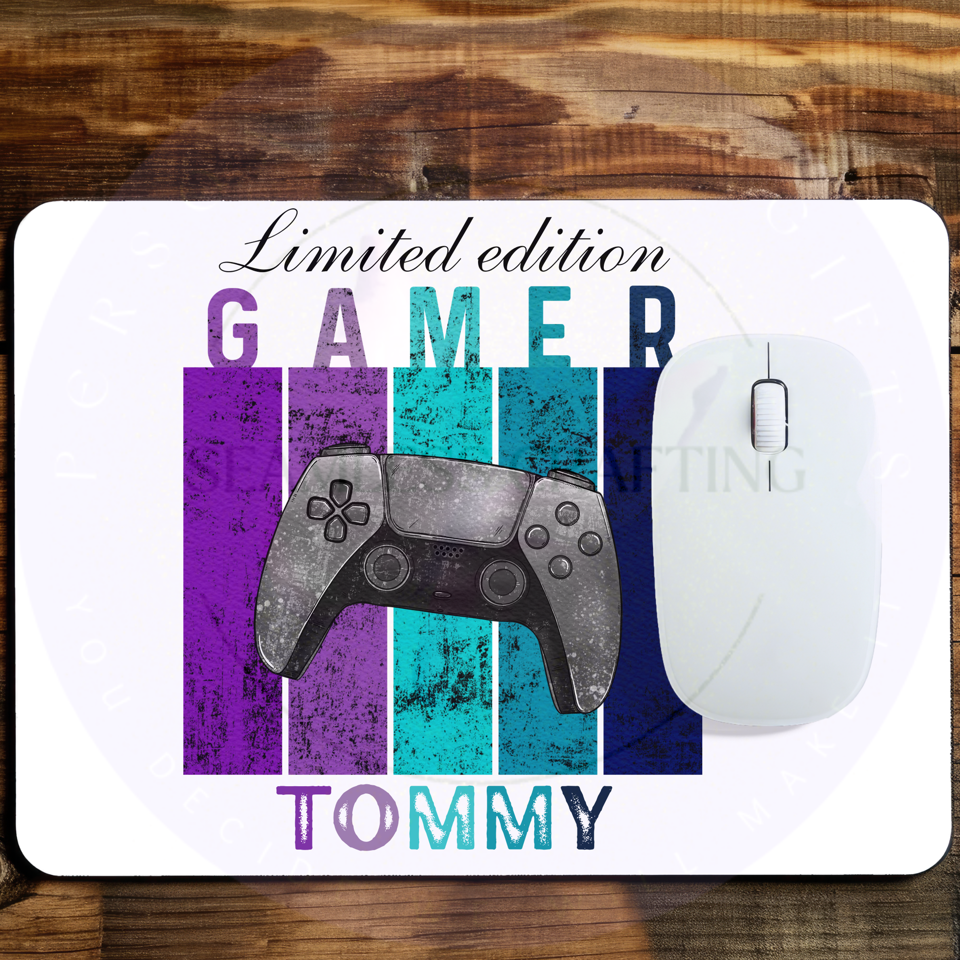 Personalised gaming mouse mat with colourful purple blue controller design and custom name Tommy