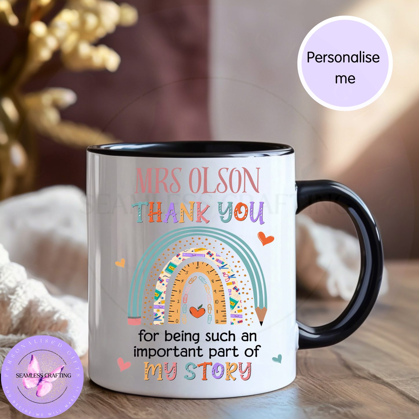 Personalised teacher thank you mug with rainbow design on black handle ceramic mug