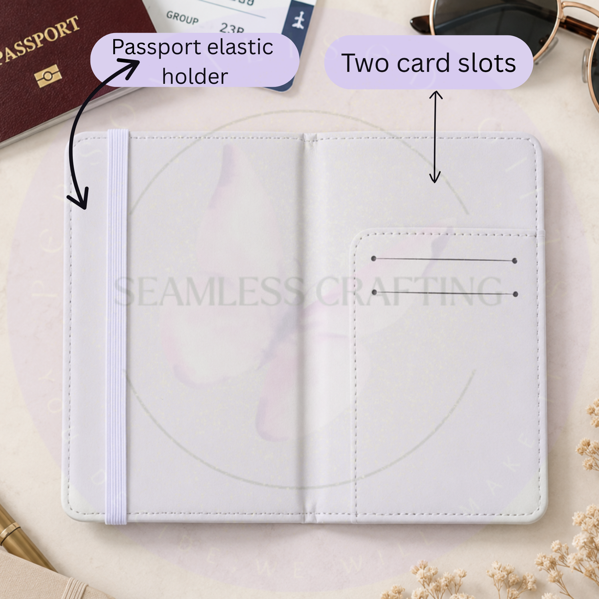 Inside personalised faux leather passport cover with elastic passport holder and two card slots