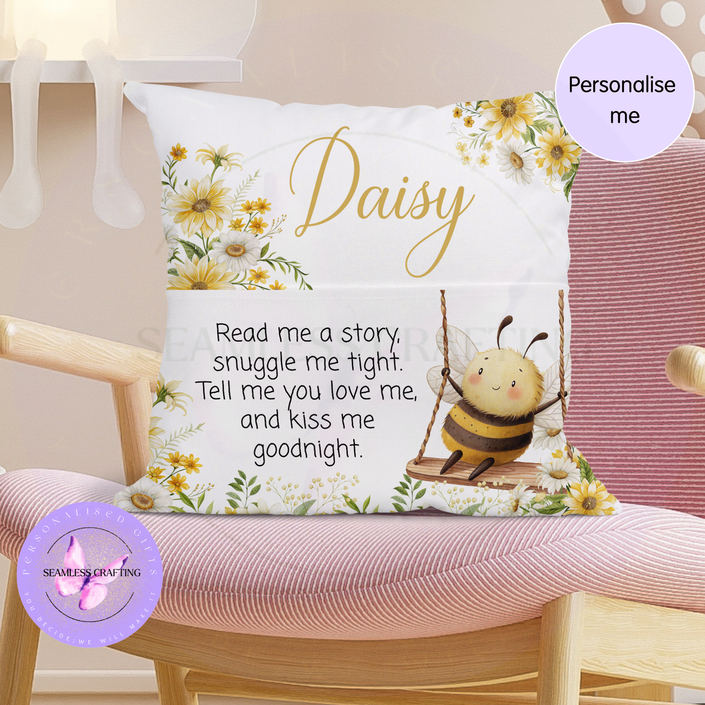 Yellow daisy and bee nursery cushion with bedtime rhyme and custom child name