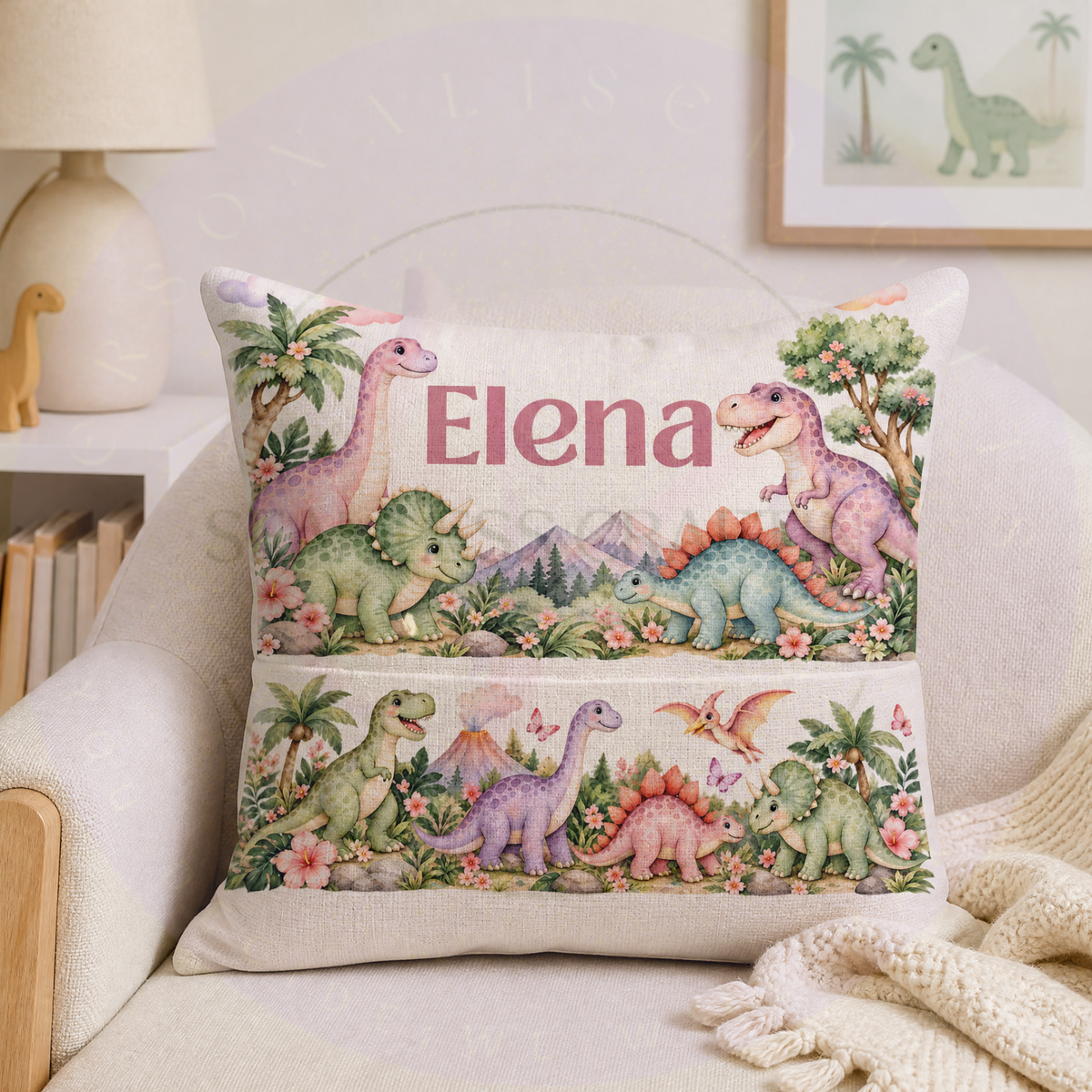 Personalised girls dinosaur book cushion with pastel dinosaurs and name