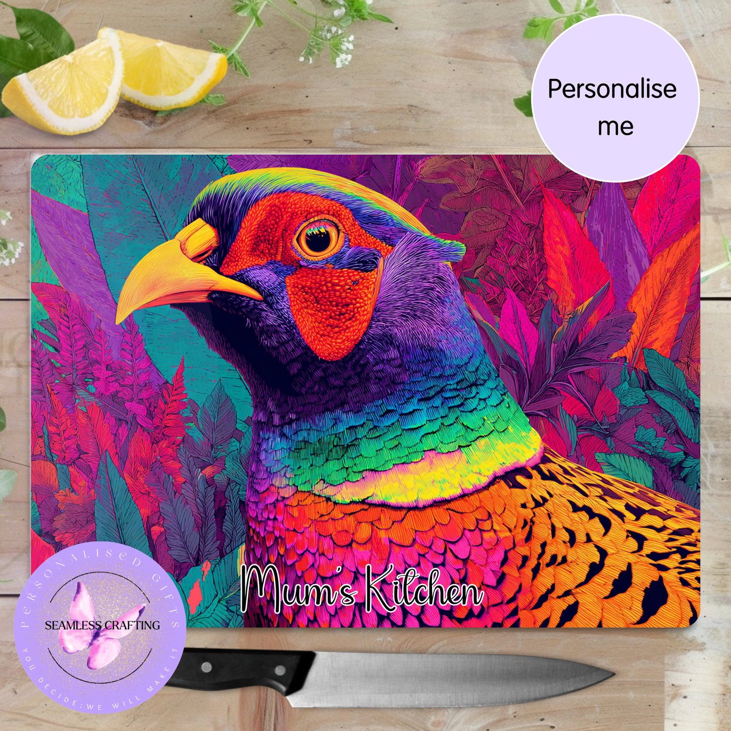 pheasant glass chopping board custom name kitchen decor
