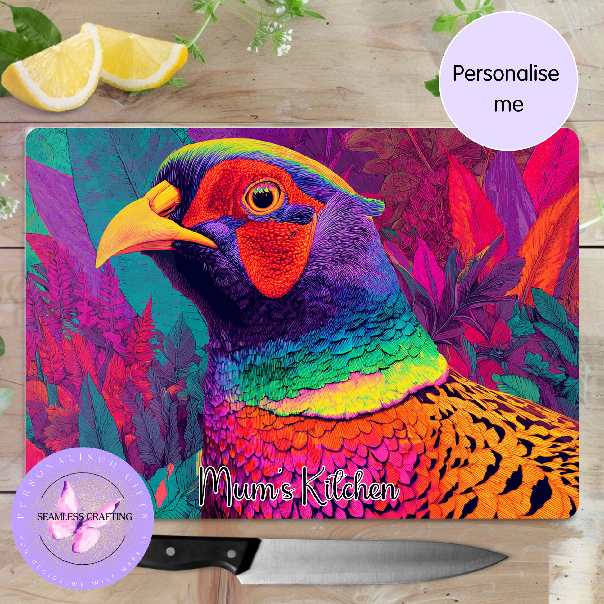 pheasant glass chopping board custom name kitchen decor
