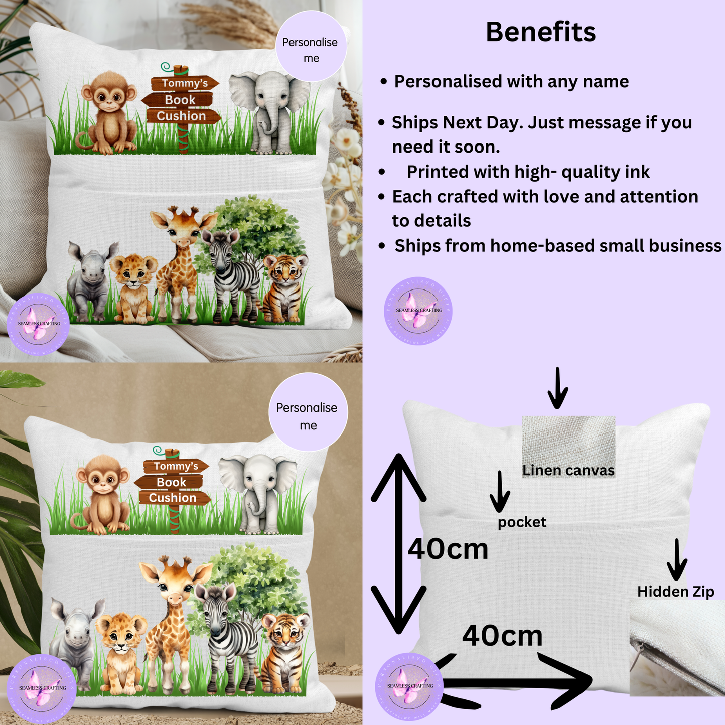 Personalised children’s reading cushion with monkey elephant giraffe design