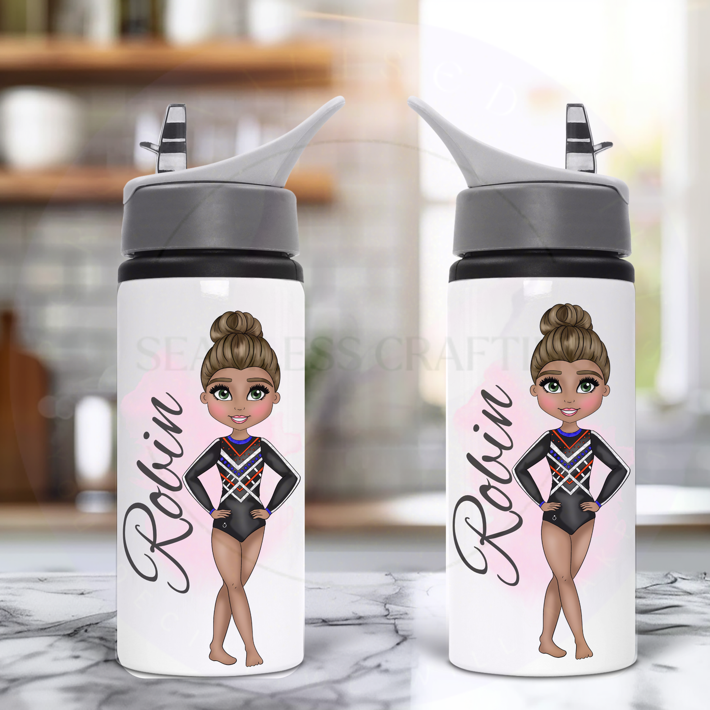 Personalised Acro Gymnastics Water Bottle – Black Red Blue Leotard