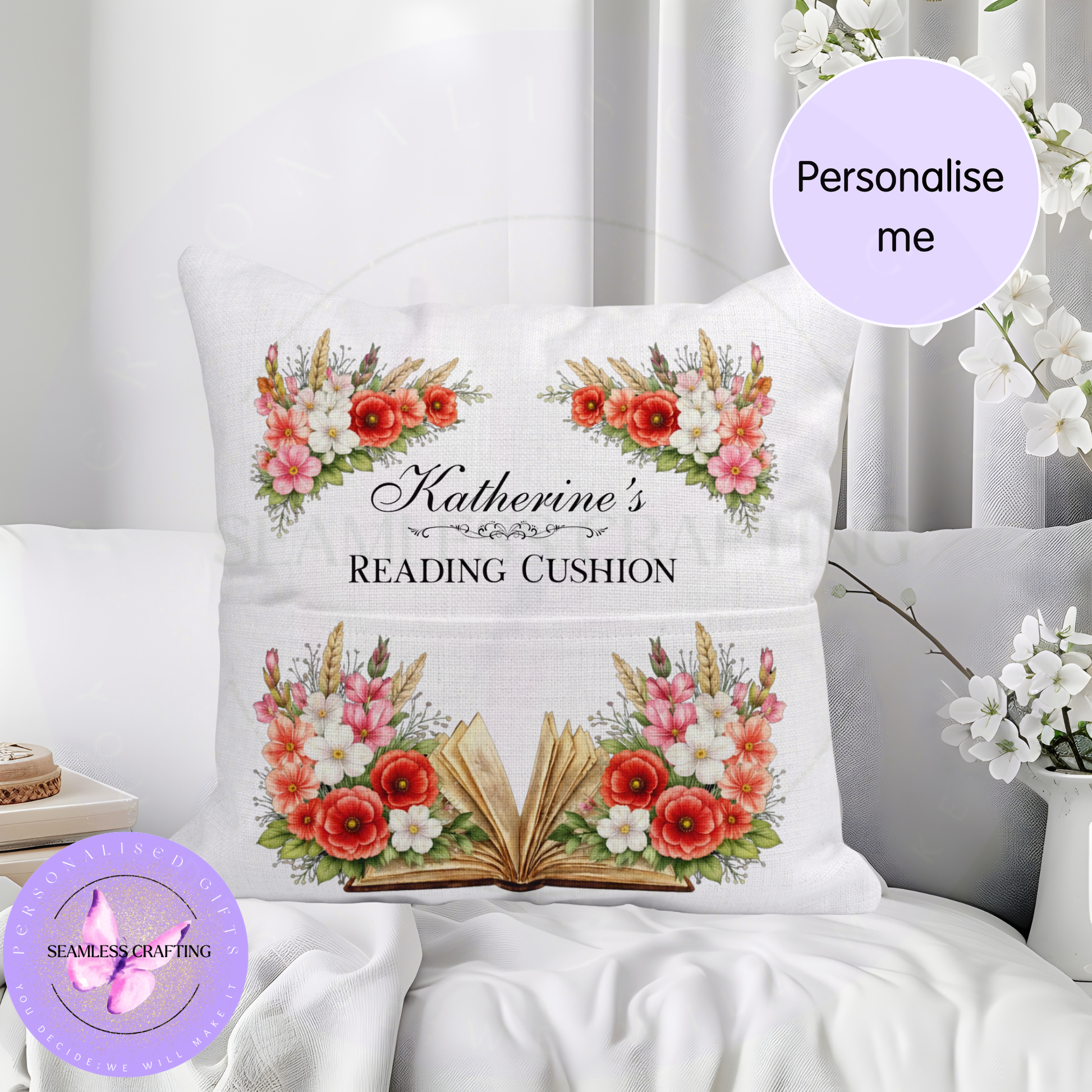 Personalised August birth flower cushion with open book and floral poppy gladiolus print — thoughtful personalised birthday gift for book lovers
