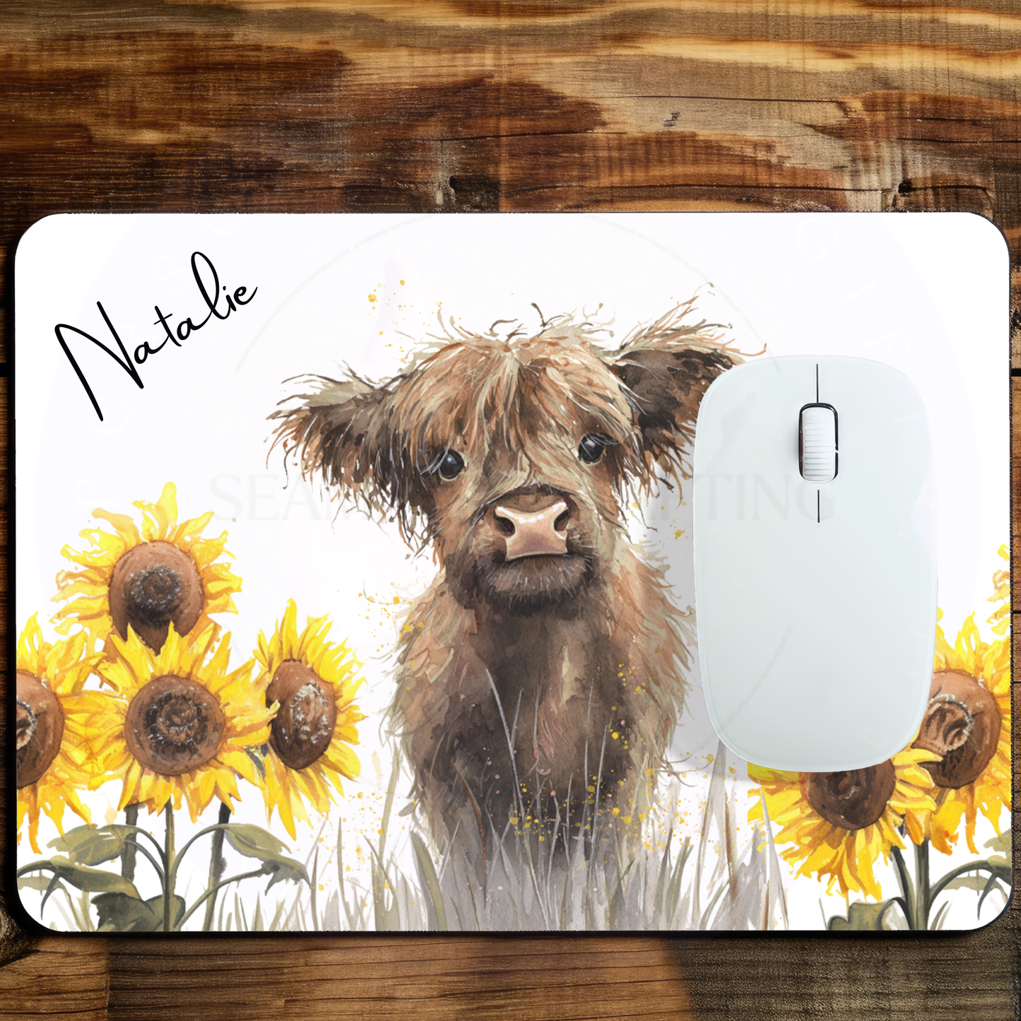 Personalised Highland cow sunflower mouse mat shown with computer mouse