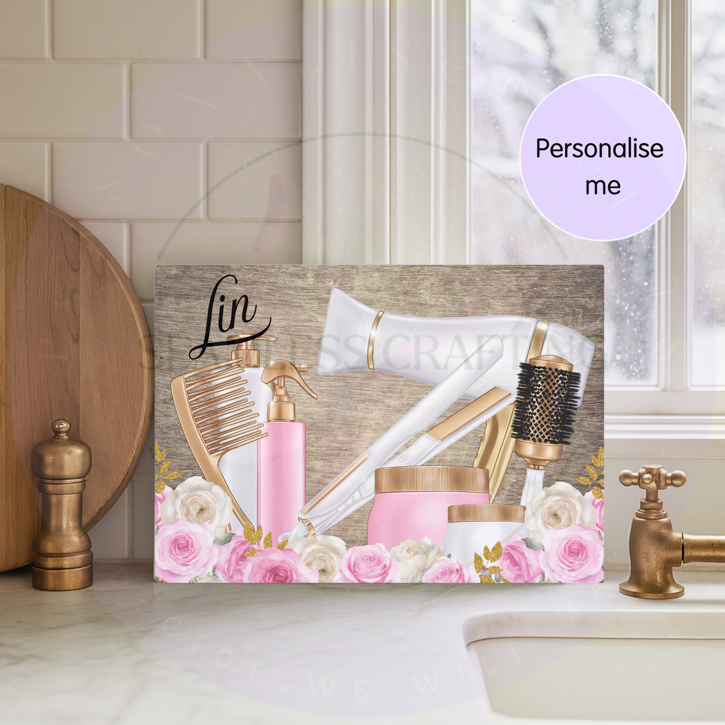 Personalised glass dressing table protector with hair dryer, straighteners, brushes and pink roses
