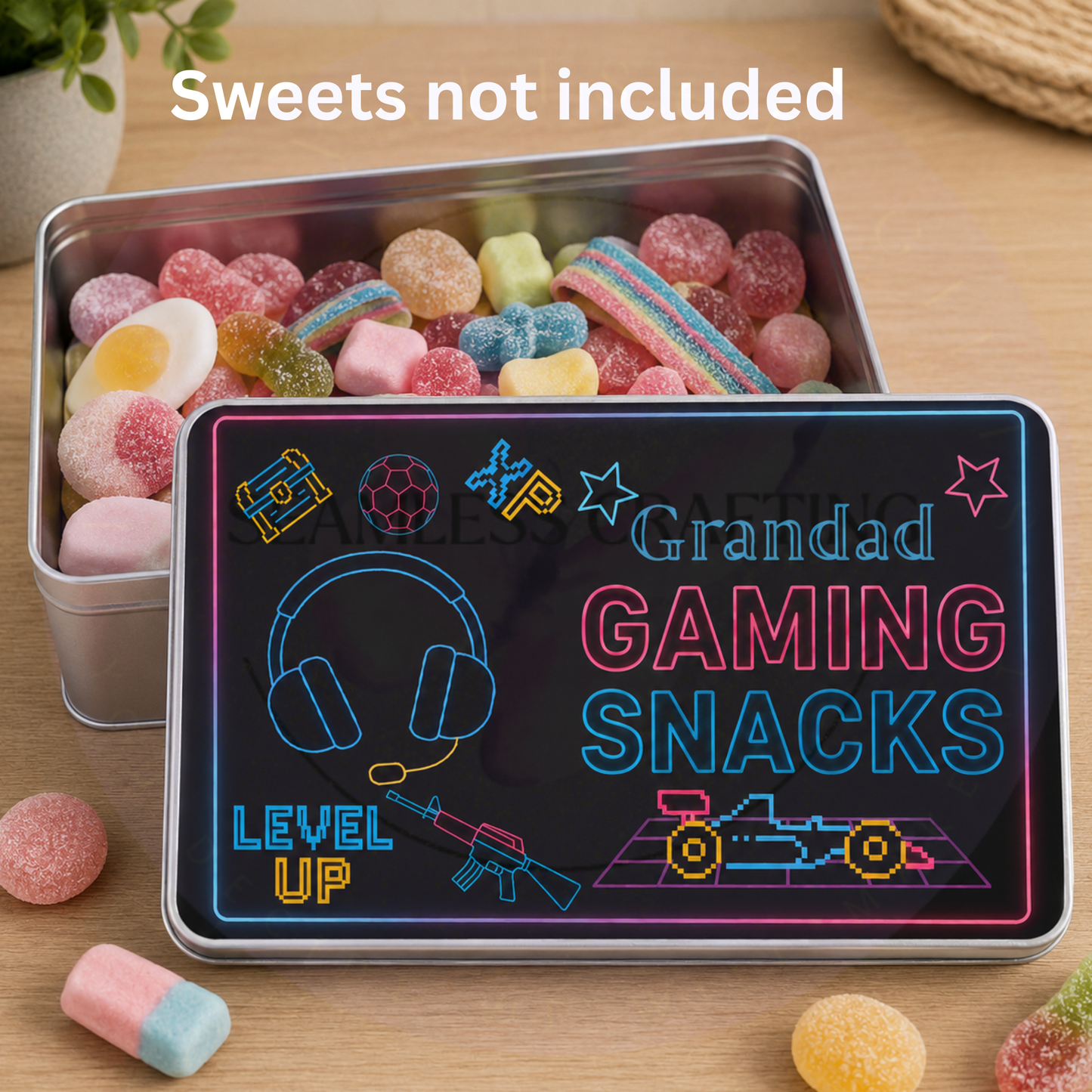 Personalised gaming snacks tin with neon gaming design and custom name Ethan