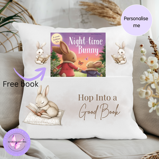 Personalised Bunny Reading Cushion with Pocket – Children’s Book Pillow Gift UK – Hop Into a Good Book